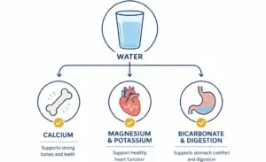 Diagram showing how mineral water nutrients support bones, heart and digestion