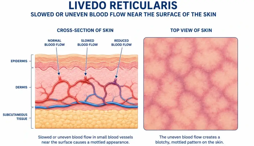 Diagram showing how slowed blood flow in skin vessels causes mottled skin discoloration