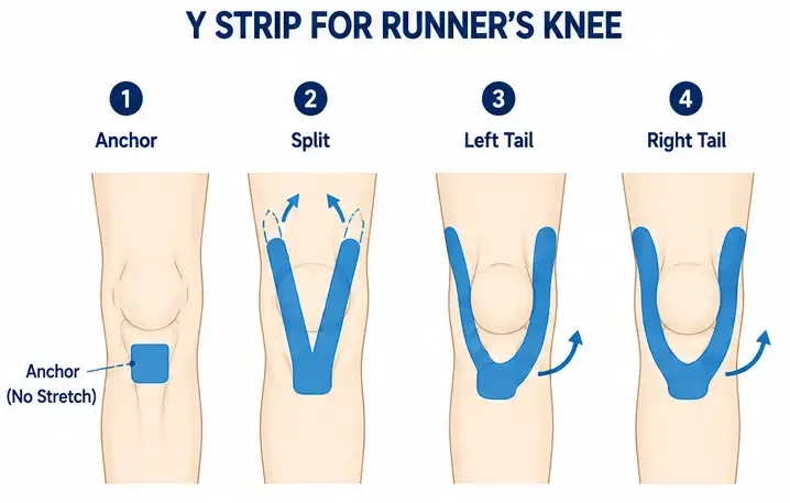 Diagram showing how to apply a Y strip KT tape pattern for runners knee