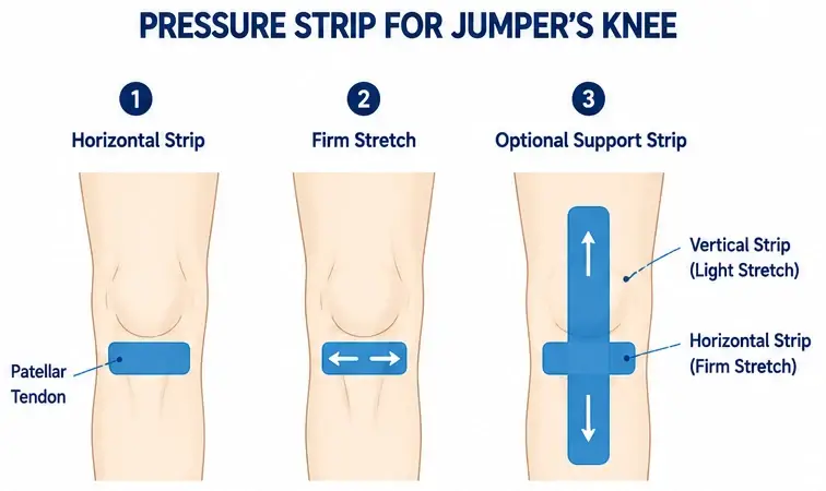 Diagram showing how to apply a pressure strip KT tape pattern for jumper's knee