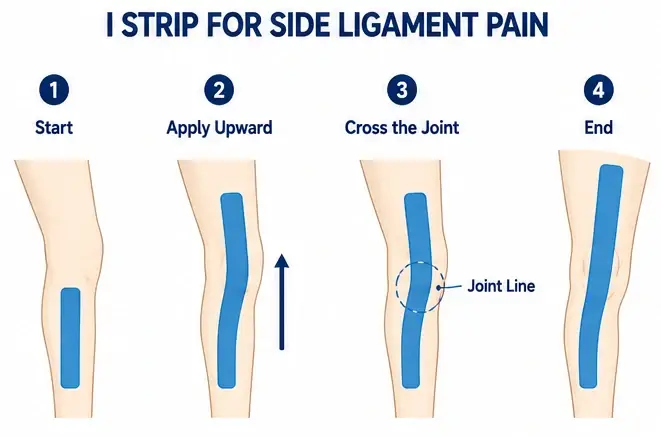 Diagram showing how to apply an I strip KT tape pattern for knee ligament pain