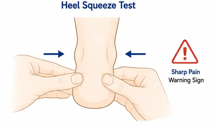 Diagram showing how to perform the heel squeeze test for a stress fracture