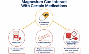 Diagram showing magnesium interactions with antibiotics, bone medication and blood pressure drugs