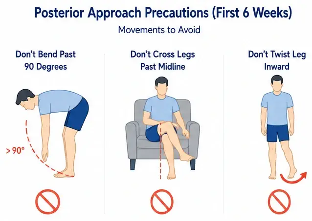Diagram showing posterior hip replacement movement precautions to avoid