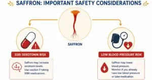 Diagram showing saffron interactions with SSRIs and blood pressure medication