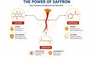 Diagram showing saffron's three active compounds, crocin, safranal and crocetin