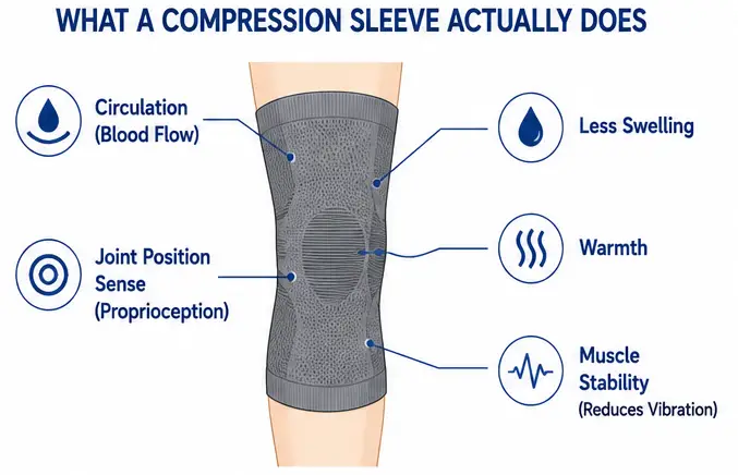 Diagram showing the effects of a knee compression sleeve on blood flow, swelling and joint support