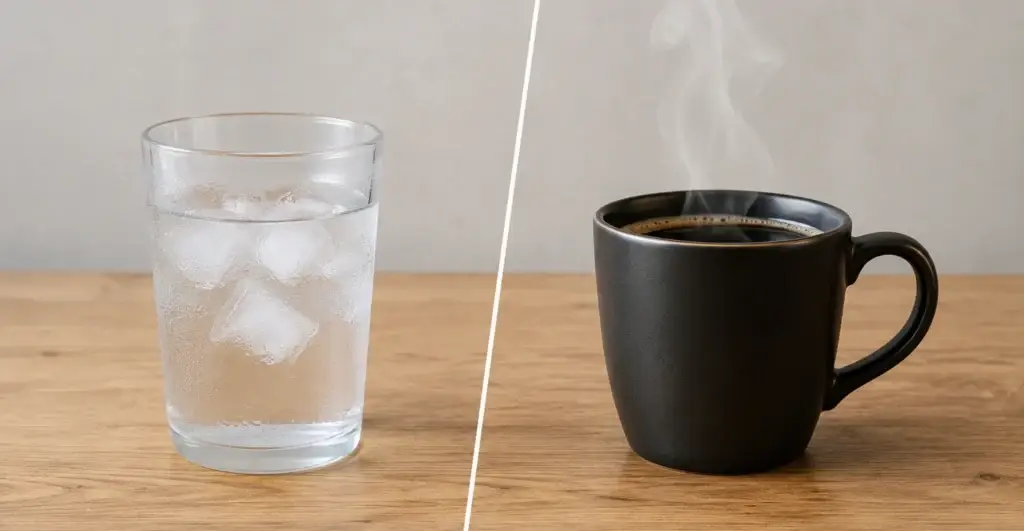 Glass of water and cup of coffee representing hydration and caffeine balance affecting morning headaches