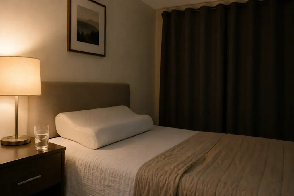 Healthy sleep environment with water on nightstand and blackout curtains to prevent morning headaches