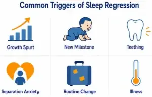 Icon chart showing common triggers of baby and toddler sleep regression