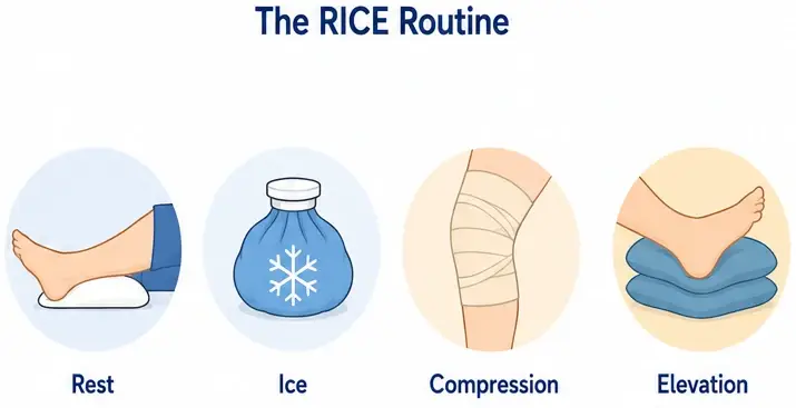 Icon chart showing rest, ice, compression and elevation for knee swelling