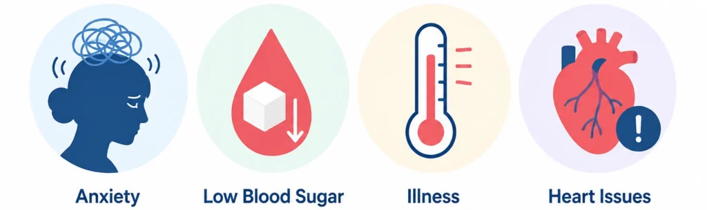 Icons representing common causes of cold sweats including stress, low blood sugar, and infection~1