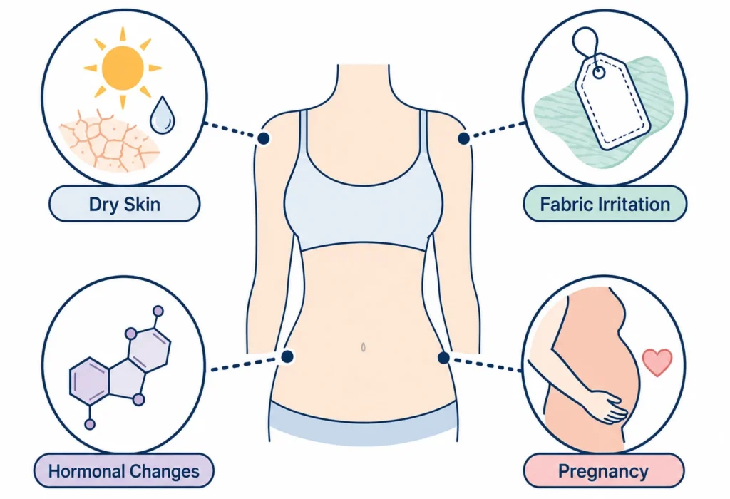 Icons showing common causes of itchy boobs and itchiness on the breast