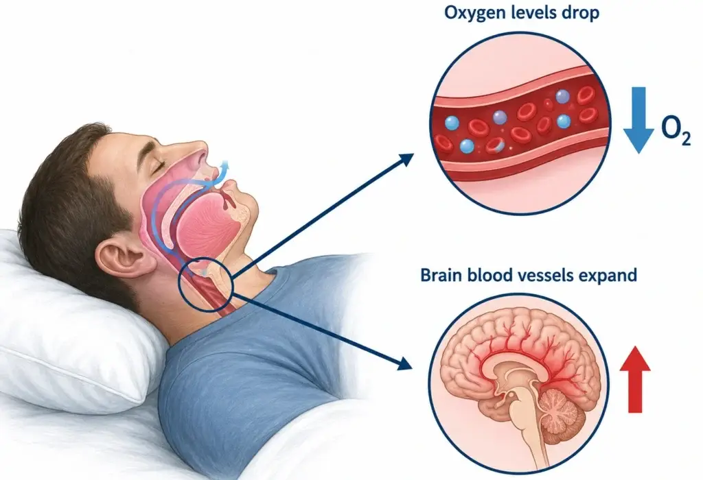 Illustration showing how sleep apnea lowers oxygen and causes morning headaches