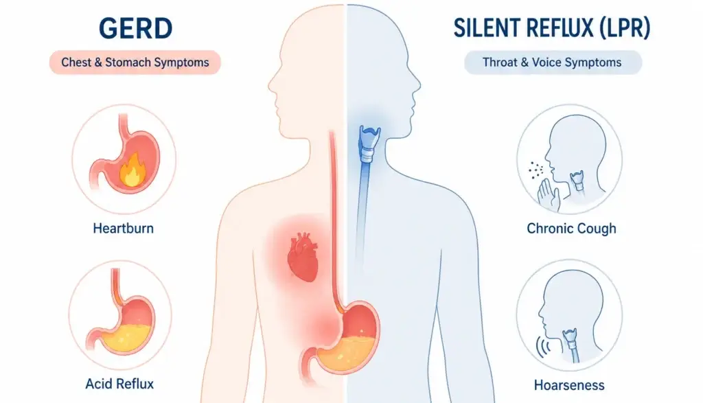 Infographic comparing GERD symptoms and silent reflux LPR symptoms