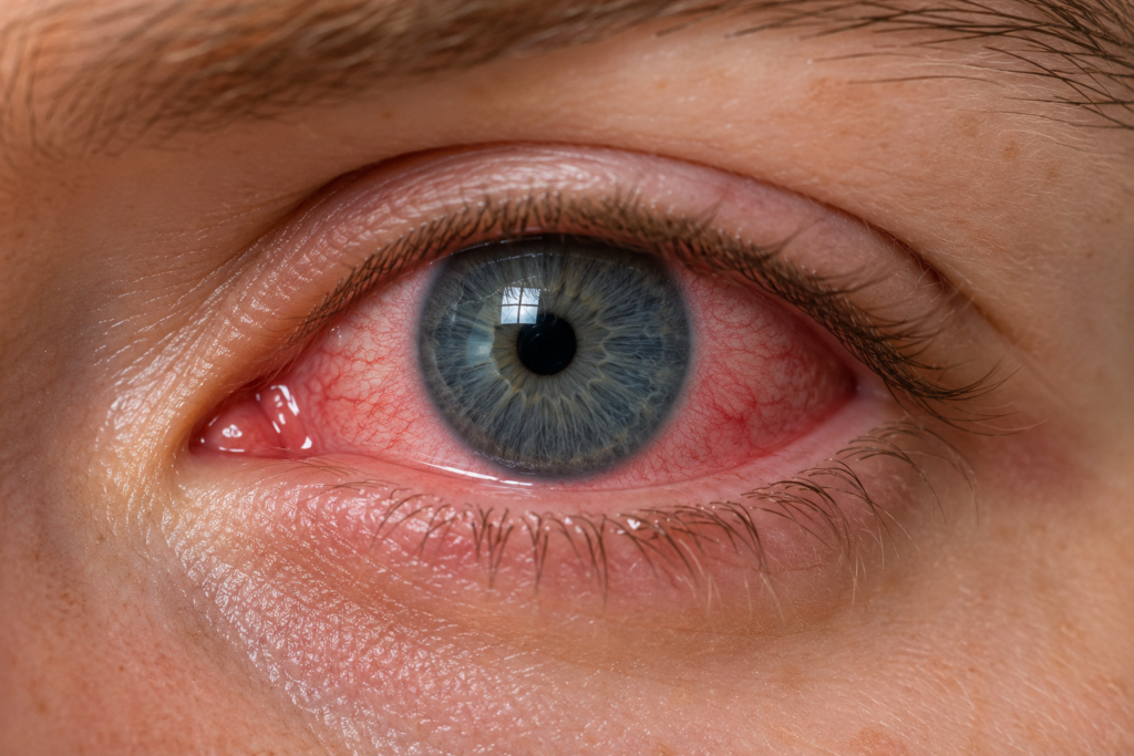 Irritated red eye showing symptoms of sleeping with contacts in overnight