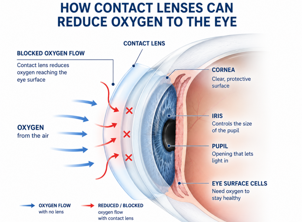 Medical diagram showing how sleeping with contacts in blocks oxygen from reaching the cornea