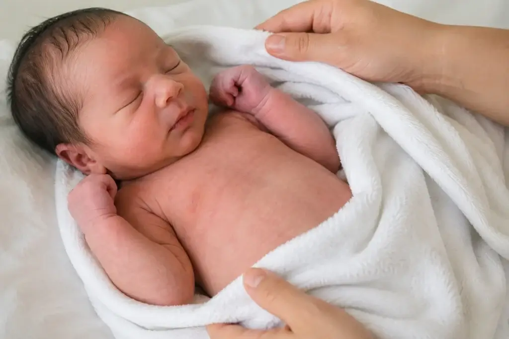 Newborn baby being wrapped in a blanket as mottled skin fades with warmth