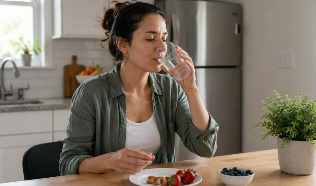 Person staying hydrated and eating regularly to help prevent cold sweats