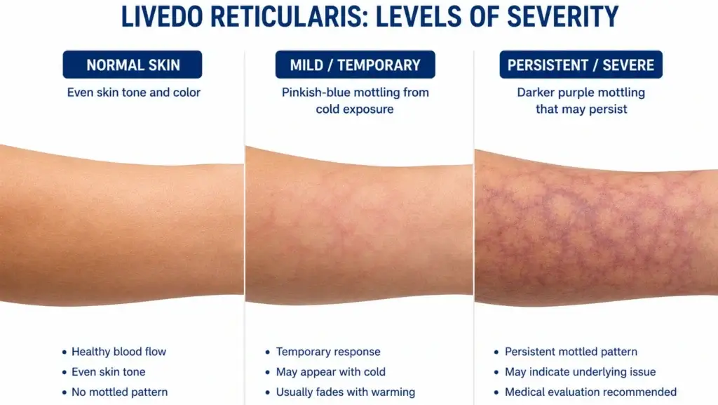 Side by side comparison of normal skin, temporary mottled skin and persistent mottled skin types