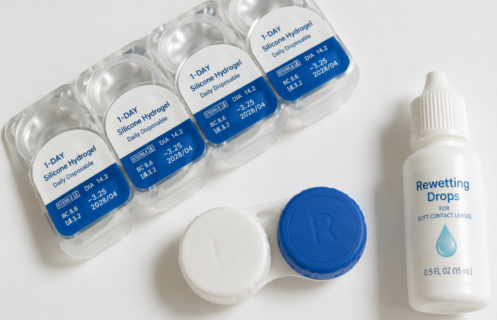 Silicone hydrogel extended wear contact lenses and case approved for overnight sleep