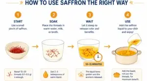 Step by step diagram showing how to bloom saffron threads before cooking