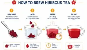 Step by step diagram showing how to brew hibiscus tea