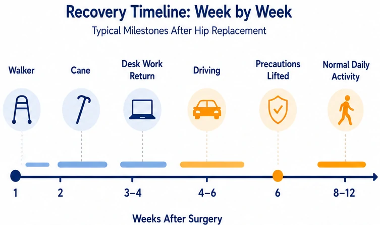 Timeline chart showing hip replacement recovery milestones week by week