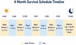 Timeline chart showing wake windows and nap times for a 4 month old