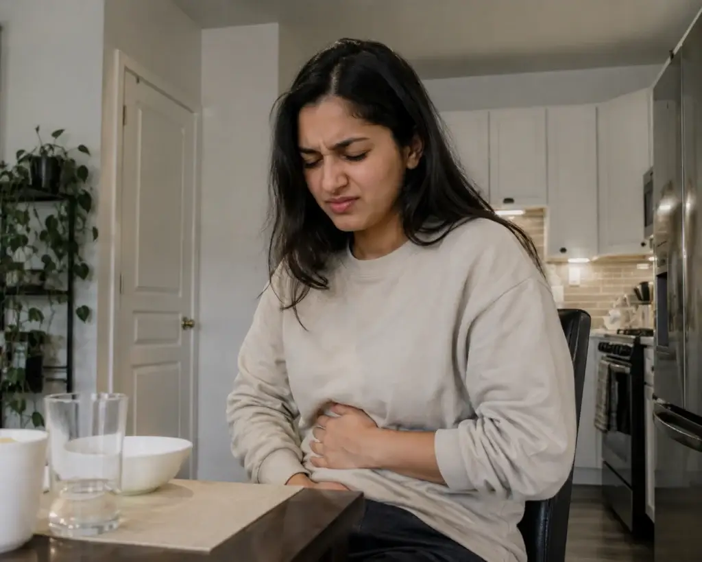 Woman experiencing gastritis symptoms including upper stomach pain and discomfort