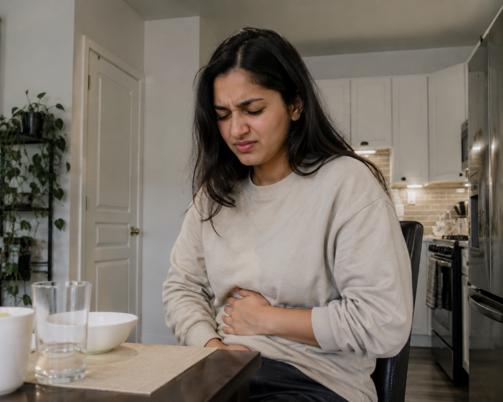 Woman experiencing gastritis symptoms including upper stomach pain and discomfort