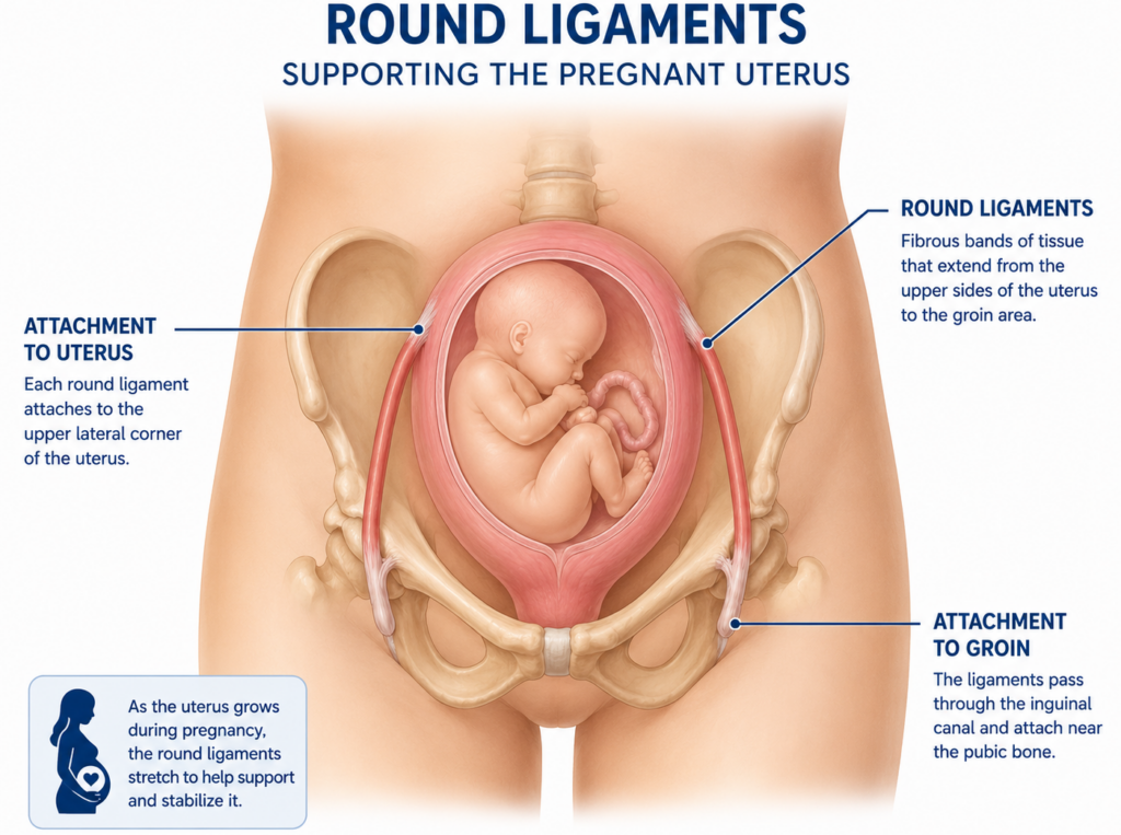 anatomical diagram showing round ligament location in the uterus during pregnancy