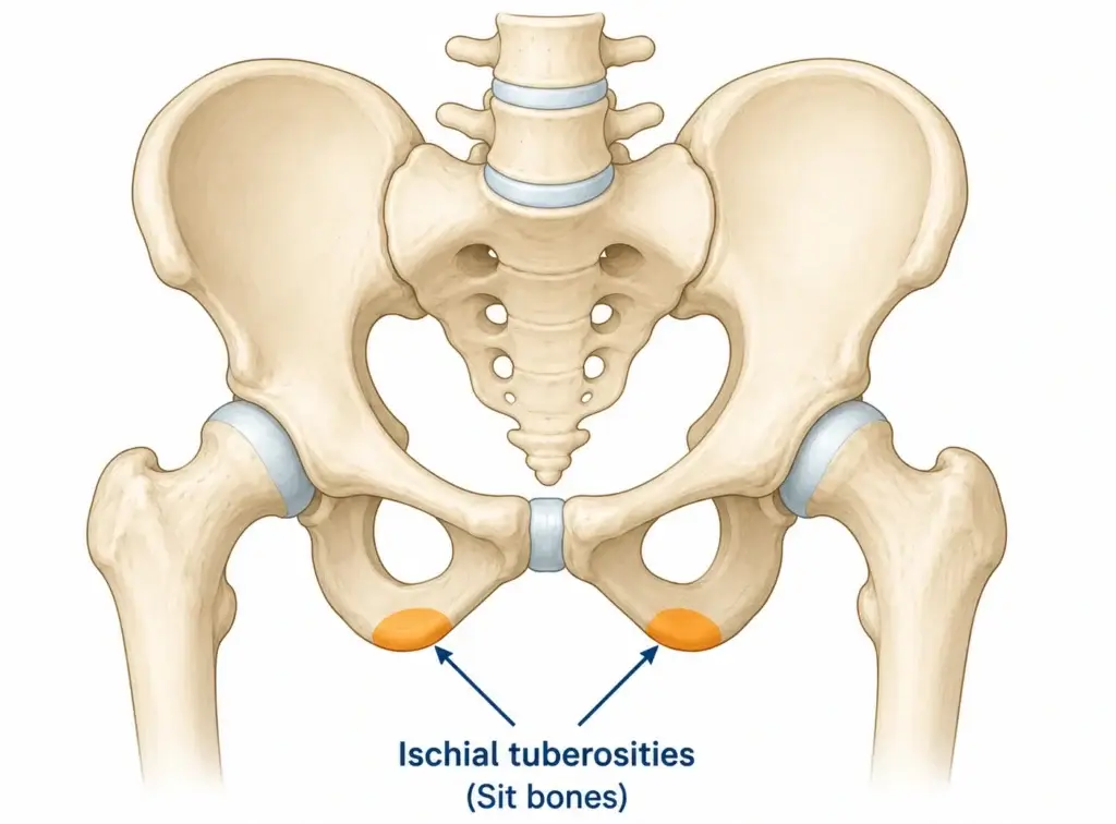 anatomy diagram showing sit bones ischial tuberosity location for sore bum bones
