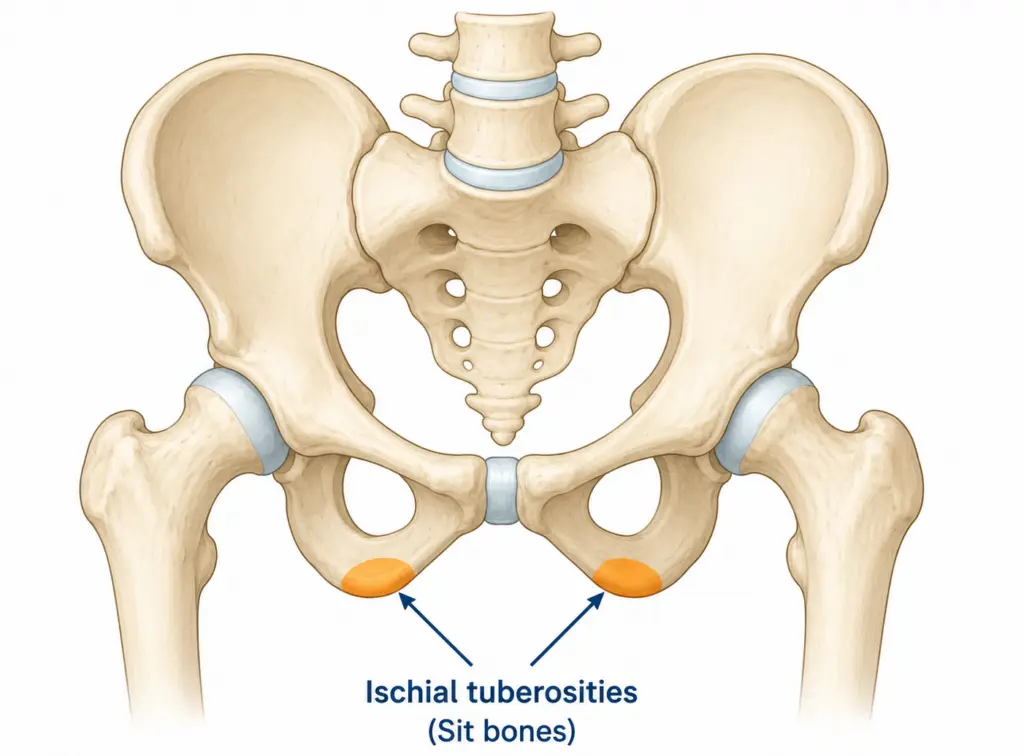 anatomy diagram showing sit bones ischial tuberosity location for sore bum bones
