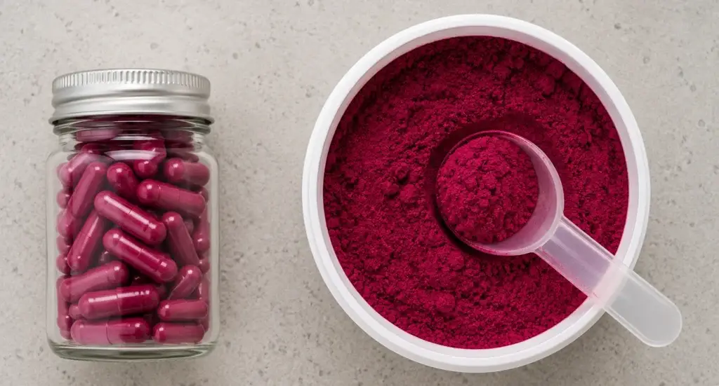 beet root capsules next to beetroot powder