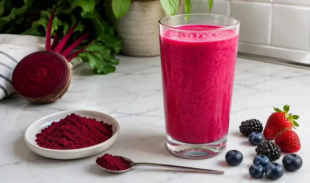 beetroot powder mixed into a smoothie