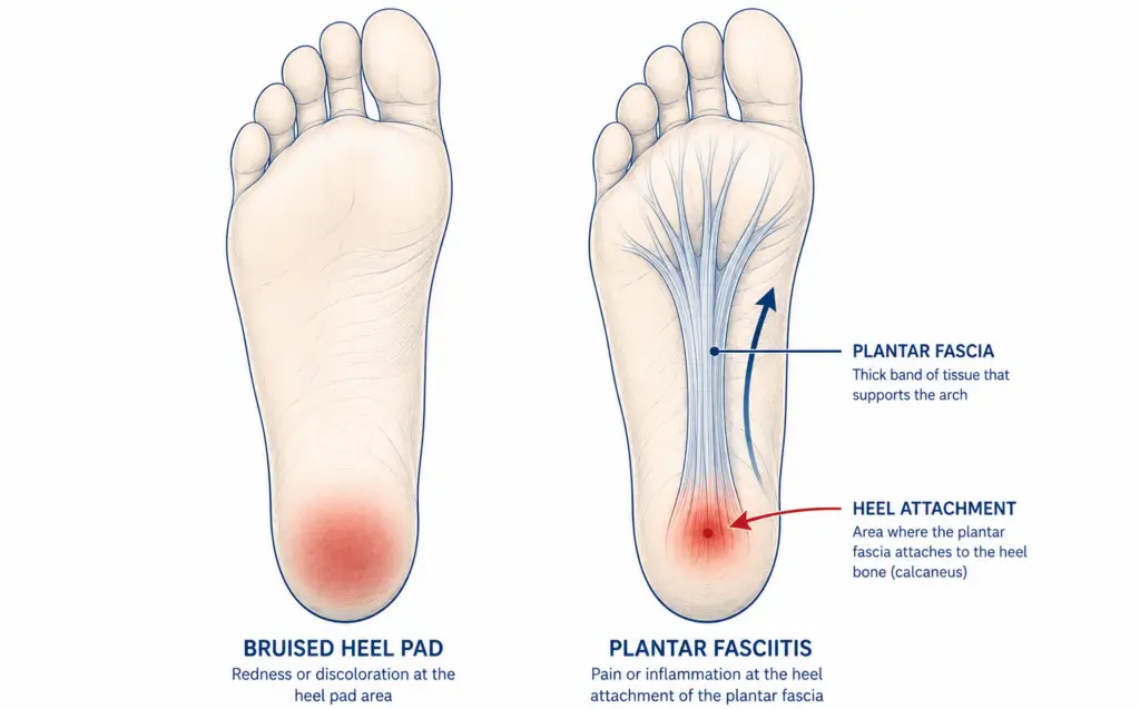 bruised heel versus plantar fasciitis pain location comparison on foot