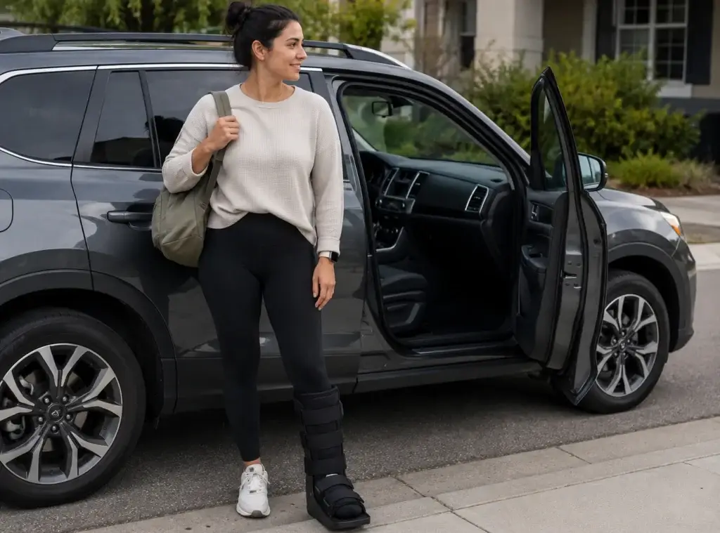 can you drive with broken foot person with walking boot next to car