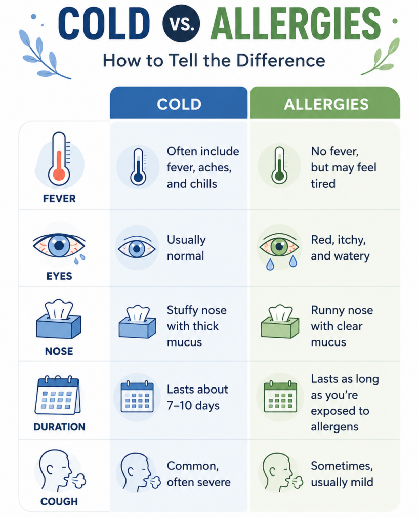 chart comparing cold and allergy symptoms for quick reference