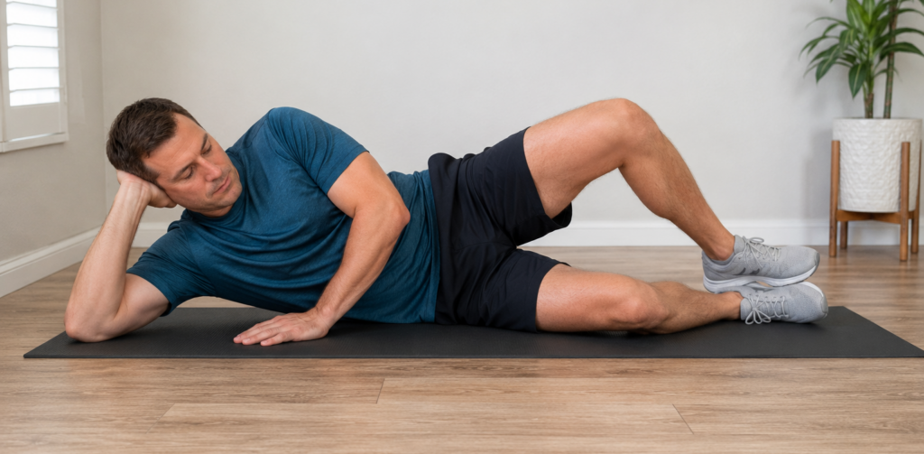 clamshell exercise to strengthen glutes and ease bum pain while sitting