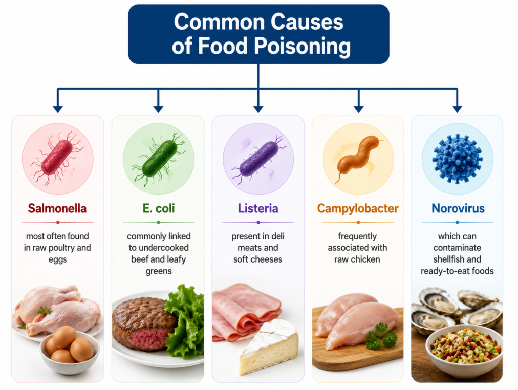 common causes of food poisoning from contaminated food like raw chicken and produce