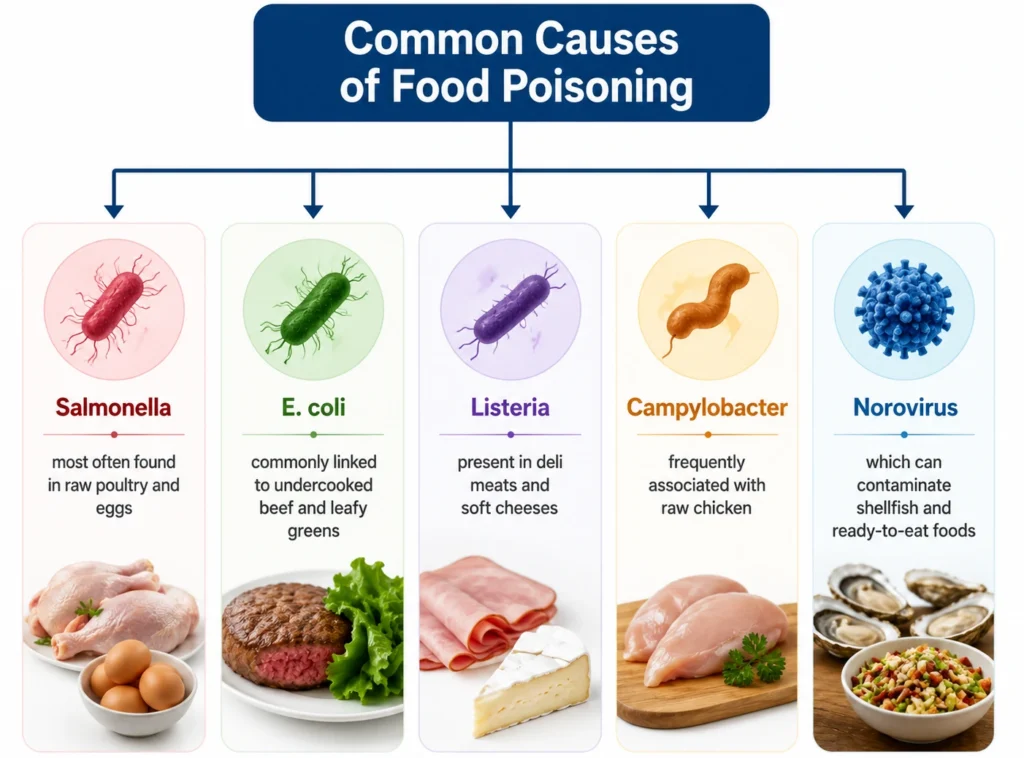 common causes of food poisoning from contaminated food like raw chicken and produce