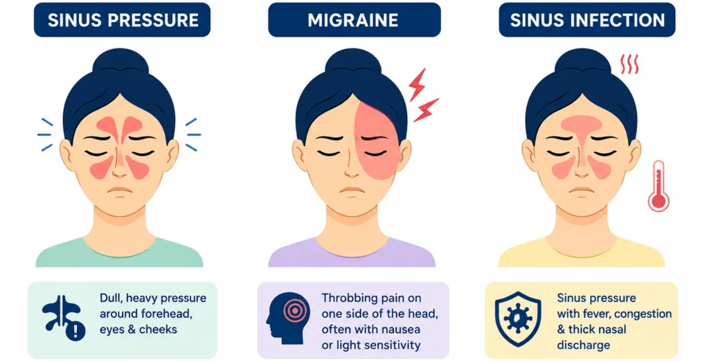 comparison graphic of allergy headache versus migraine versus sinus infection