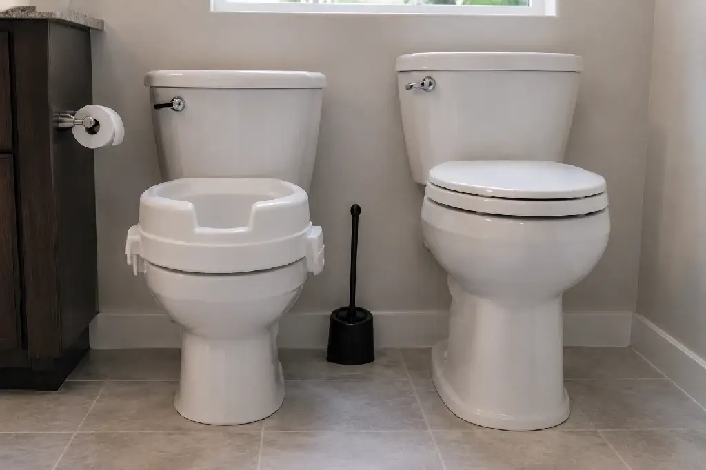 comparison of a raised toilet seat versus a tall comfort height toilet