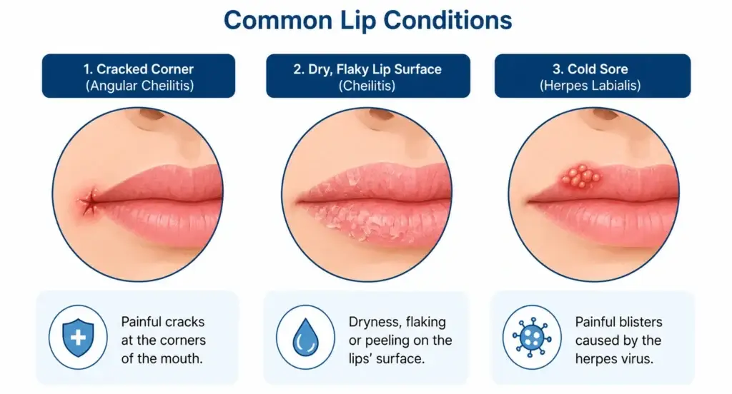 comparison of lip edge crack, chapped lips, and a cold sore