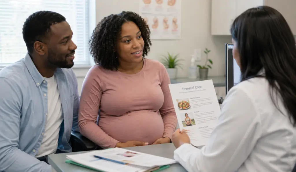 couple at prenatal care appointment learning about STI prevention during pregnancy
