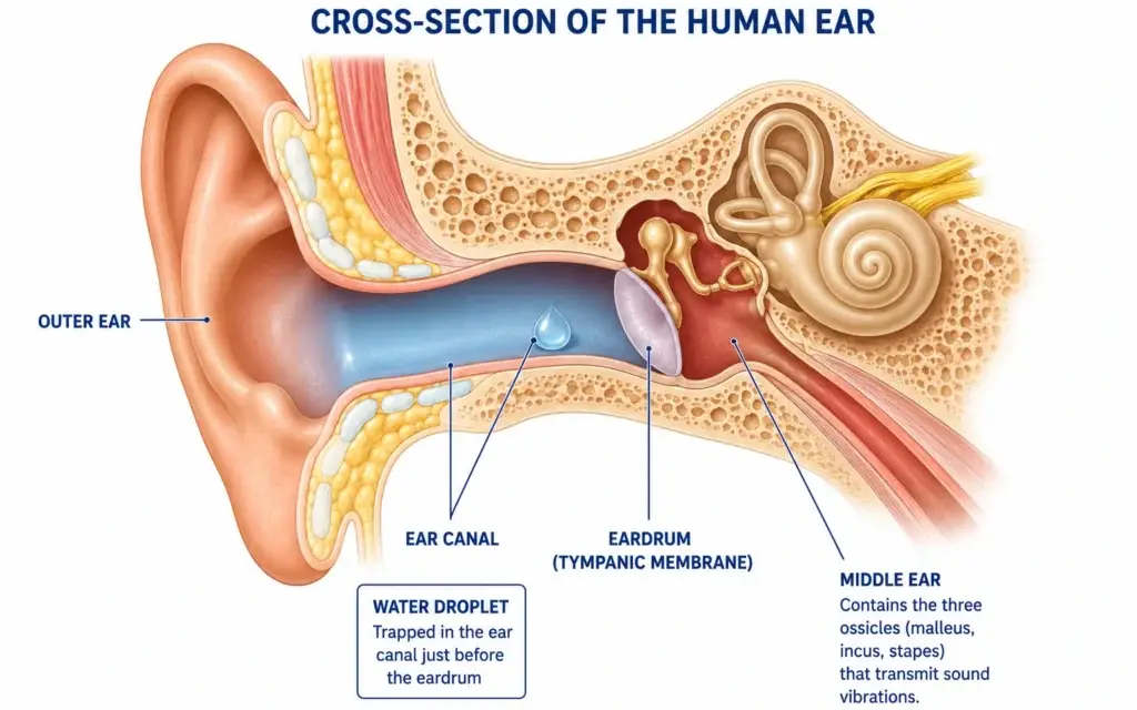 diagram of human ear anatomy showing where water gets trapped in the ear canal