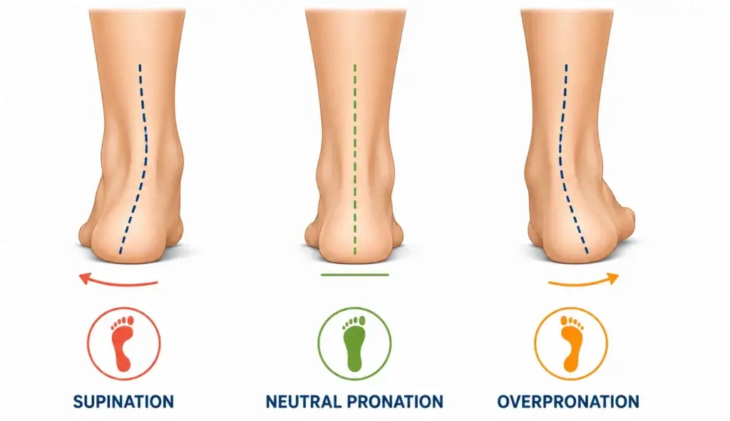 diagram of supination neutral and overpronation foot positions viewed from behind