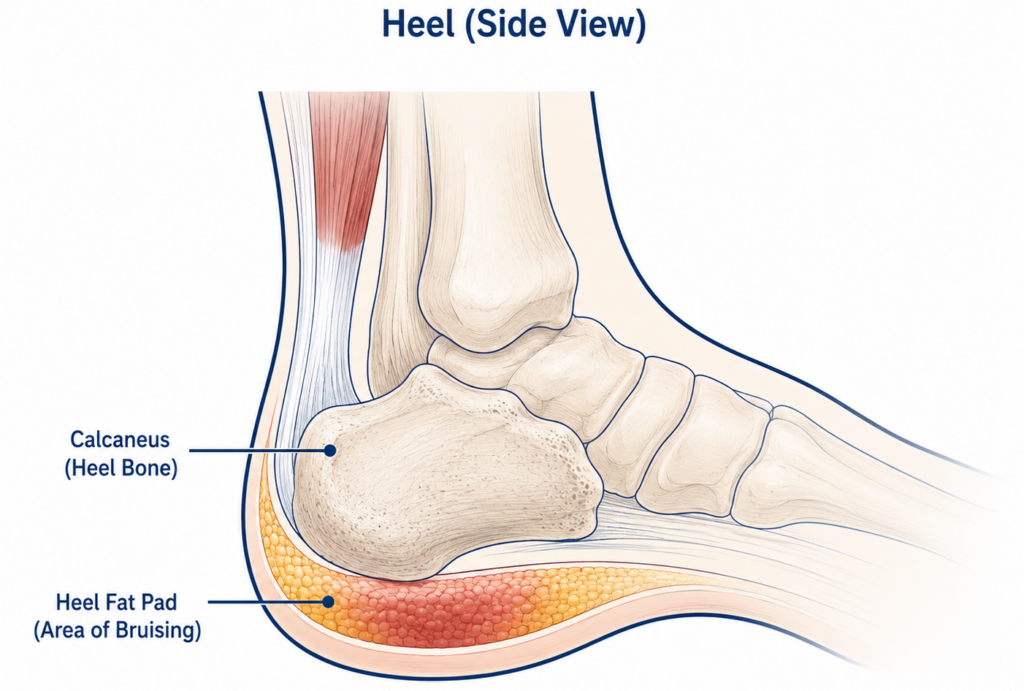 diagram showing bruised heel fat pad location on calcaneus bone
