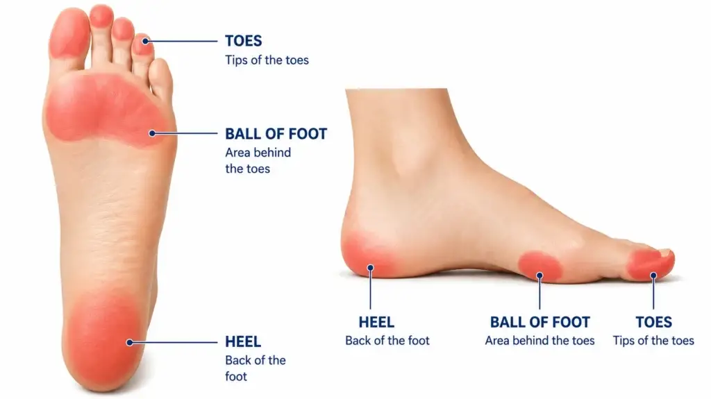 diagram showing common blister locations on the foot including heel toes and ball of foot